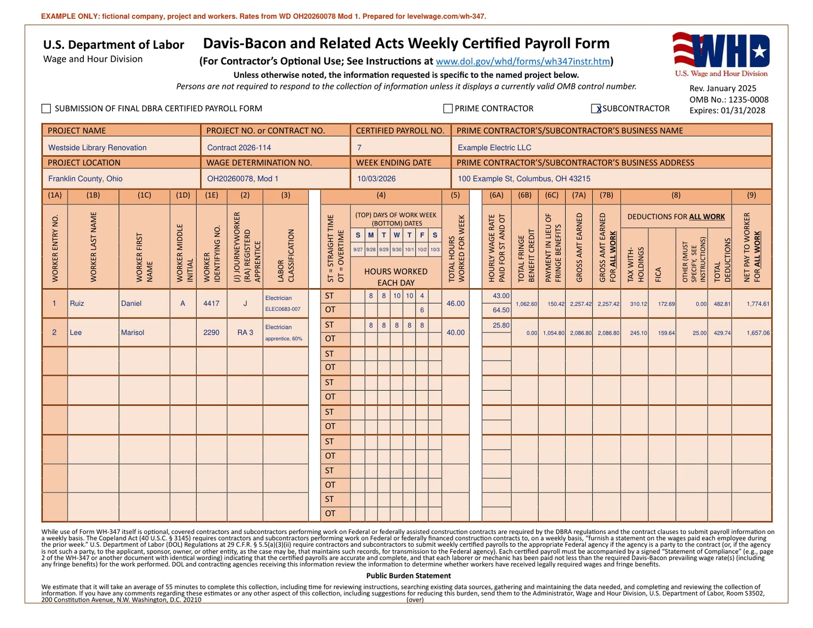 The worked example filled in on page 1 of the WH-347: Daniel Ruiz and Marisol Lee with hours, rates, fringe, gross, deductions and net pay