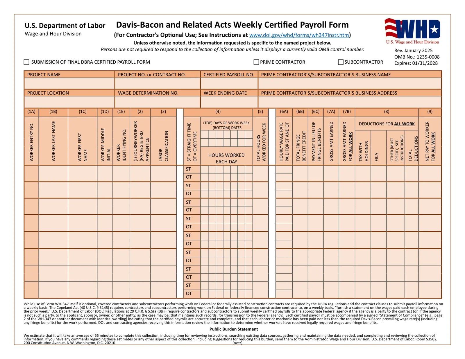 Page 1 of the official WH-347 form, Rev. January 2025, with numbered pins on each box