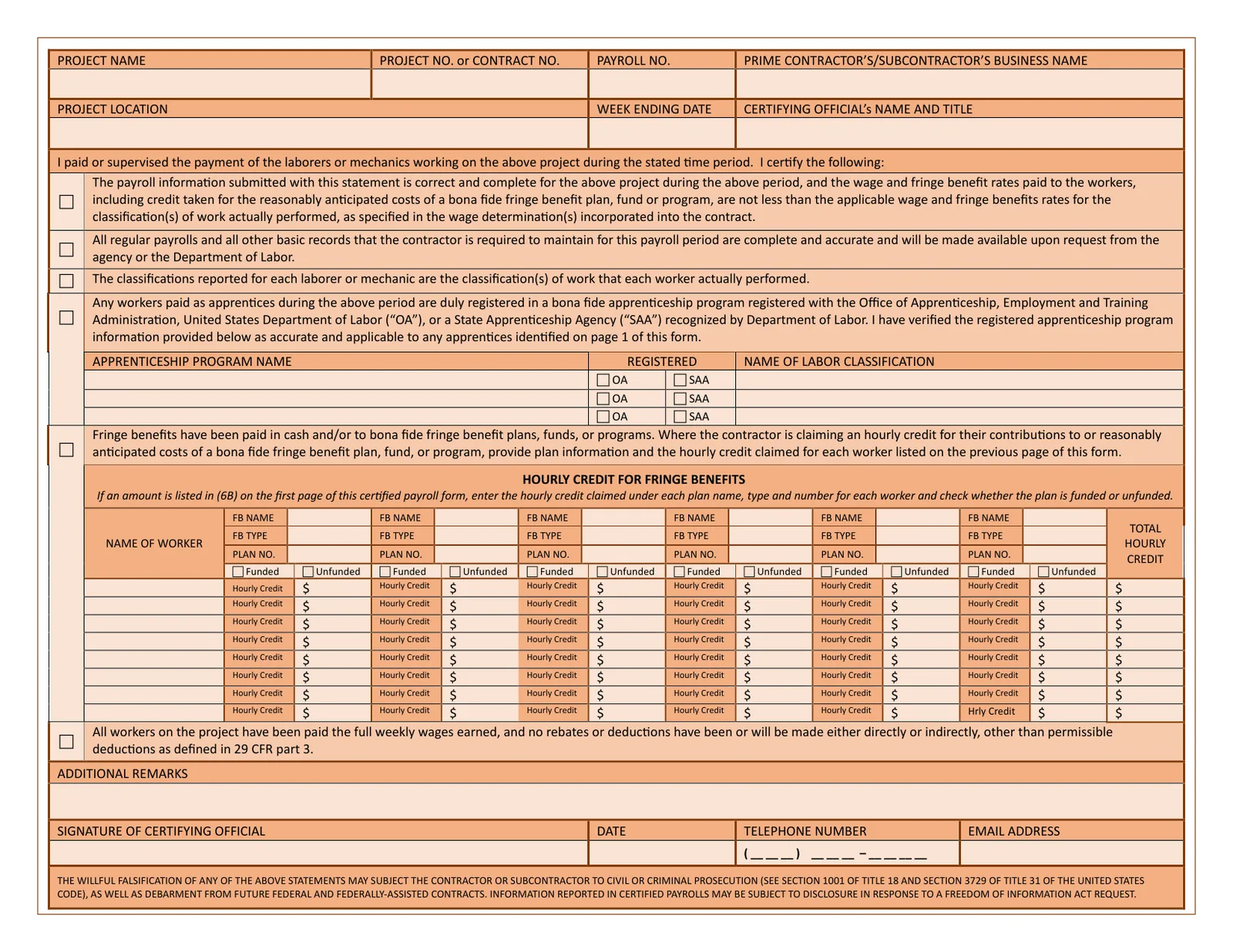 Page 2 of the official WH-347 form, the Statement of Compliance, with numbered pins